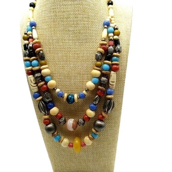 Statement Necklace 3 Strand  Nickle-free Metal, Resin, Glass and Wood beads 18" - Picture 4 of 9